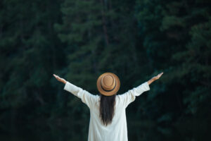 female tourists spread their arms held their wings